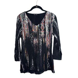 KATINA MARIE Black Tribal Print Stretch V-Neck 3/4 Sleeve Top Sz XS Made in USA